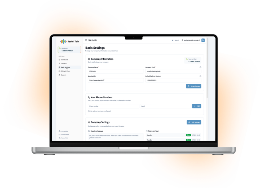 qaitel talk käyttöliittymä yrityksen asetukset